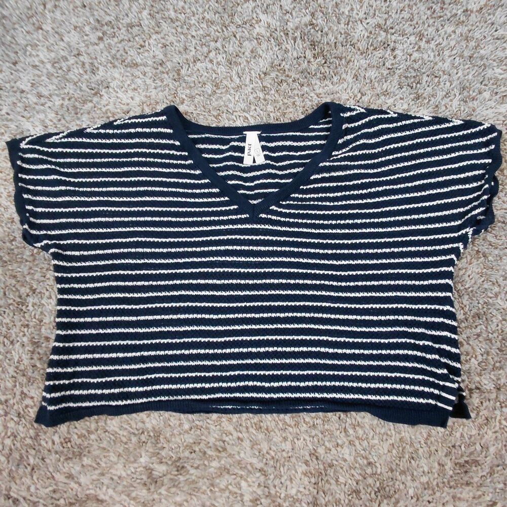 Pact Beachside Crochet Knit V-Neck Top Womens Large Navy Blue Stripe Boho
